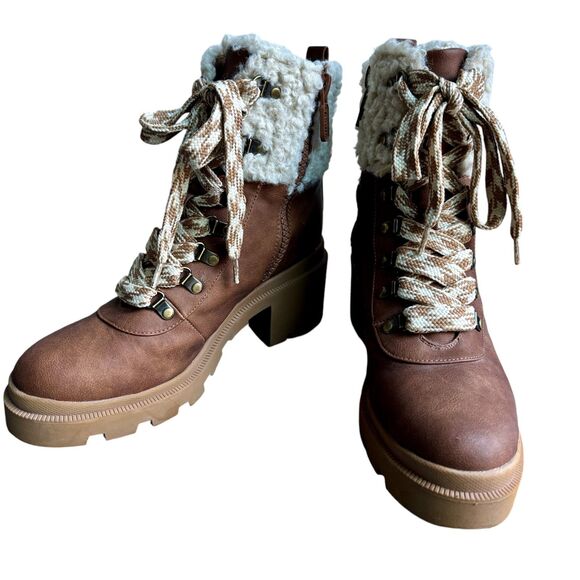 Circus Sam Edelman Brown Combat Boots Warm Faux Fur Rubber Sole Lace and Zip Up - Picture 1 of 8